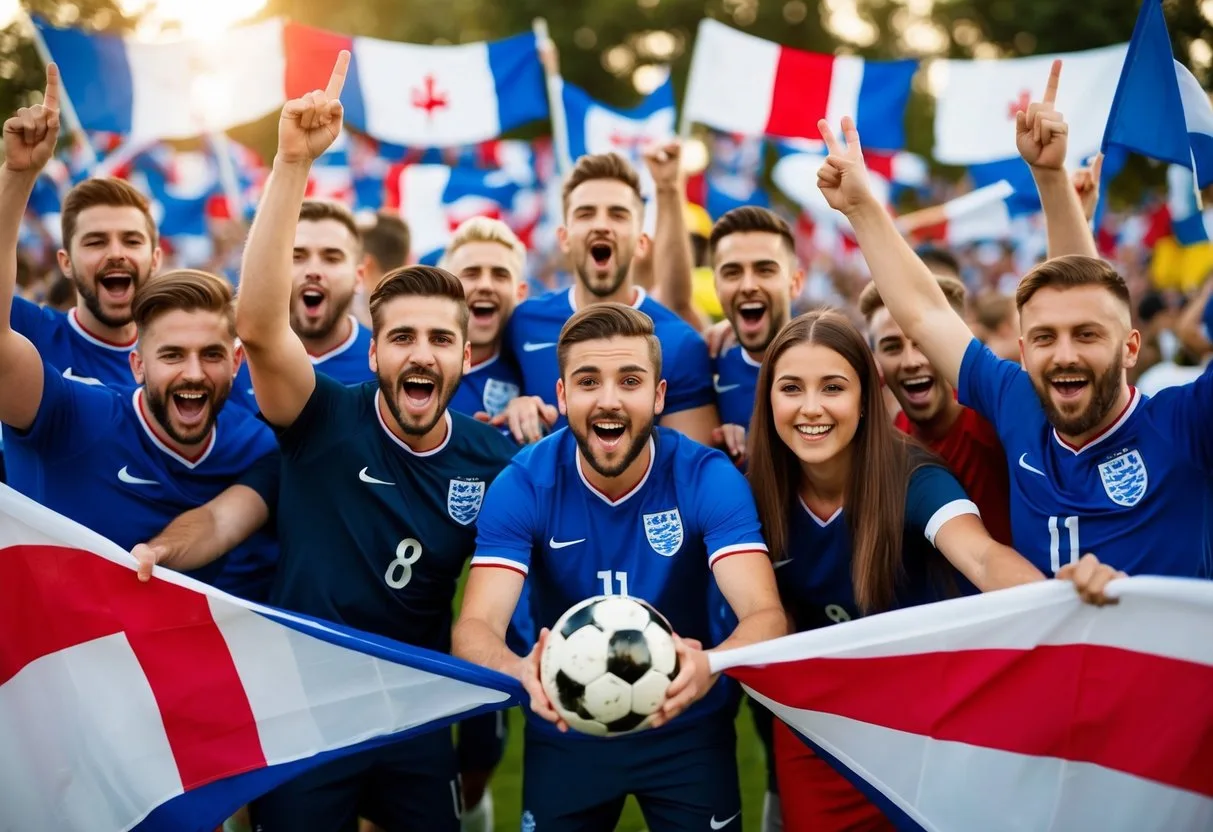 En gruppe begejstrede fodboldfans bestiller den ultimative rejse til England omgivet af flag og trøjer