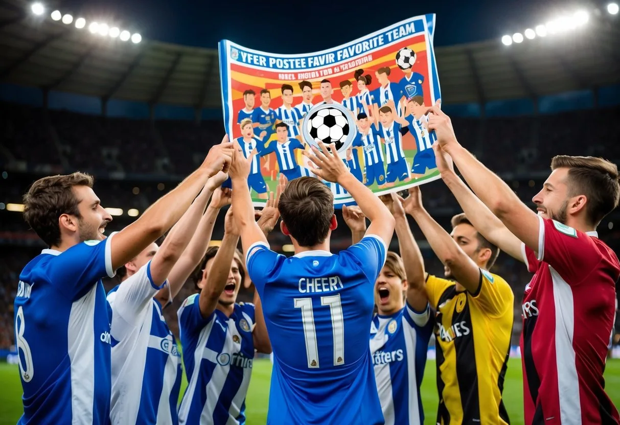 A group of excited soccer fans unwrap a poster of their favorite team cheering and highfiving as they admire the detailed illustration